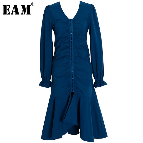 

eam] women blue pleated ruffles split dress new v-neck long lantern sleeve loose fit fashion tide spring summer 2020 1x290, Black;gray