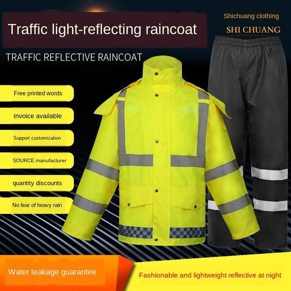 

fluorescent yellow green split fluorescent yellow green reflective traffic warning raincoat duty road raincoat, Red;brown