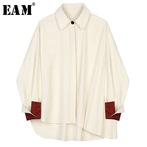 

eam] женщины beige полосатый split большой размер блуза новый нагрудные длинным рукавом сыпучие fit рубашка мода tide весна осень 2020 1b44, White