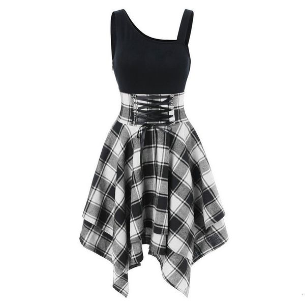 

plaid dress women summer 2020 sleeveless cold shoulder cross irregular dress elegant streetwear casual knee length vestido, Black;gray