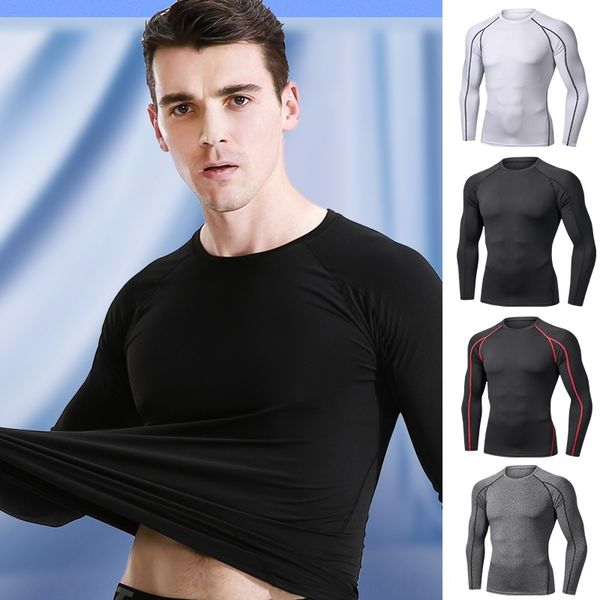 

men's pro tights t- tights fitness sports running training t-shirt stretch quick-drying long-sleeved shirt clothes, Black