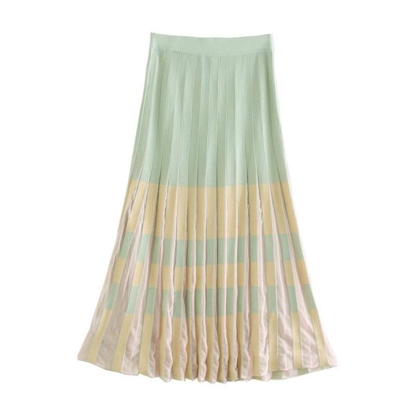 

skirts 2021 summer women's retro high waist elastic small pleated hem long striped knitted skirt, Black