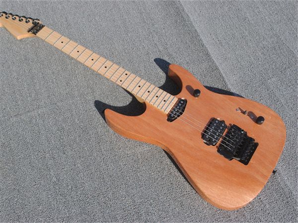 Chitarra elettrica color legno naturale con corpo in mogano, hardware nero, offerta personalizzata