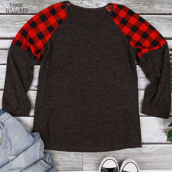 

2020 fashion t shirt women plus size plaid splicing o neck t shirt casual loose female o neck grey lady tee, White