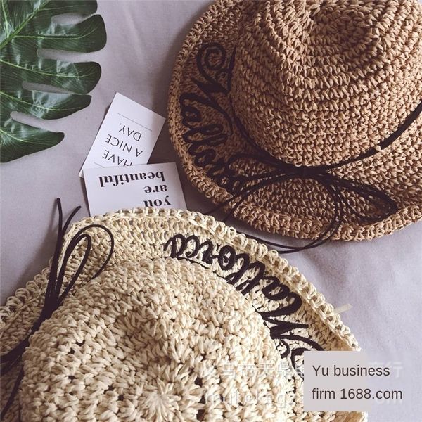

summer handmade children's straw butterfly straw hat letter embroidered bow foldable beach parent-child hat, Blue;gray
