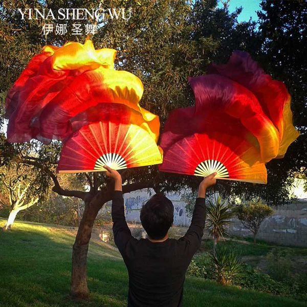 

1 pair (left+right hand) natural silk belly dance fans 3 colors handmade hand dyed silk veils dance fans 150/180x90cm for adults, Black;red