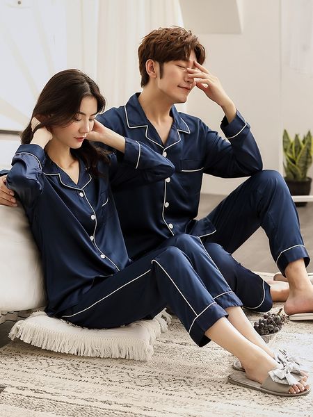 

couple's pajamas and pajamas women's autumn ice silk long sleeve can wear two-piece suit men's thin silk home wear, Blue;red