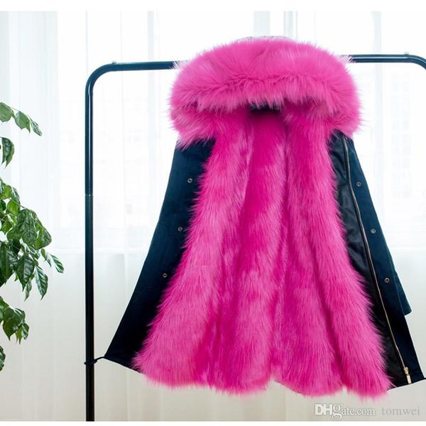 

big fur coat women winter jacket parkas thick warm outwear overcoat windbreak new fashion 2017 pink blue faux fur, Black