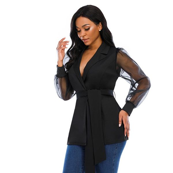 

women's suits & blazers 2021 autumn spring women fashion v neck black organza mesh puff sleeve casual slim business blazer office lady, White;black