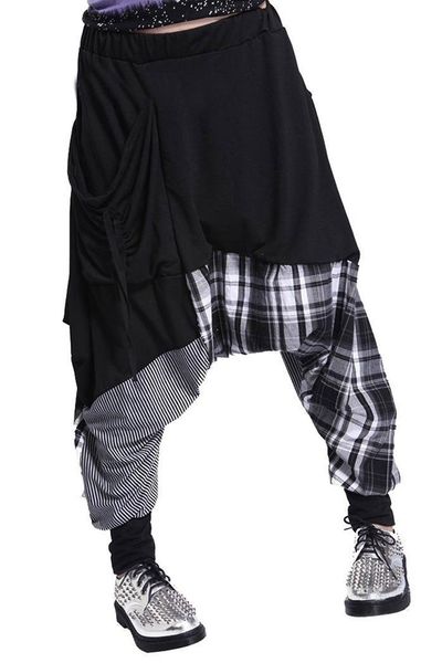 

hip-hop splice lattice women's sweat pants double bag harem baggy cotton blend-black, Black;white