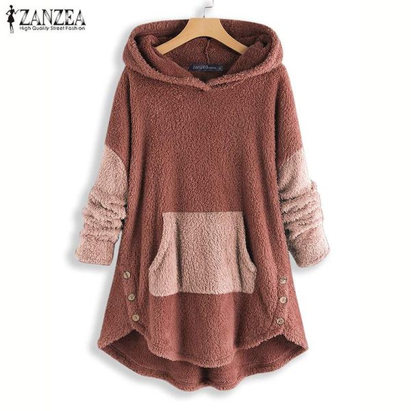 

women's hoodies & sweatshirts 2021 winter hooded pacthwork zanzea women fluffy coats fashion fleece pullovers outwears female tunic 5xl, Black