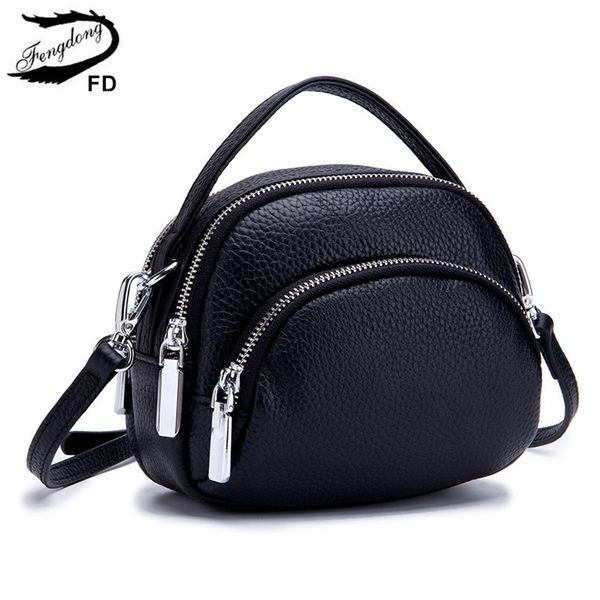 

fengdong genuine leather mini crossbody bags for women small shoulder bag female fashion round leather handbag girls phone bag