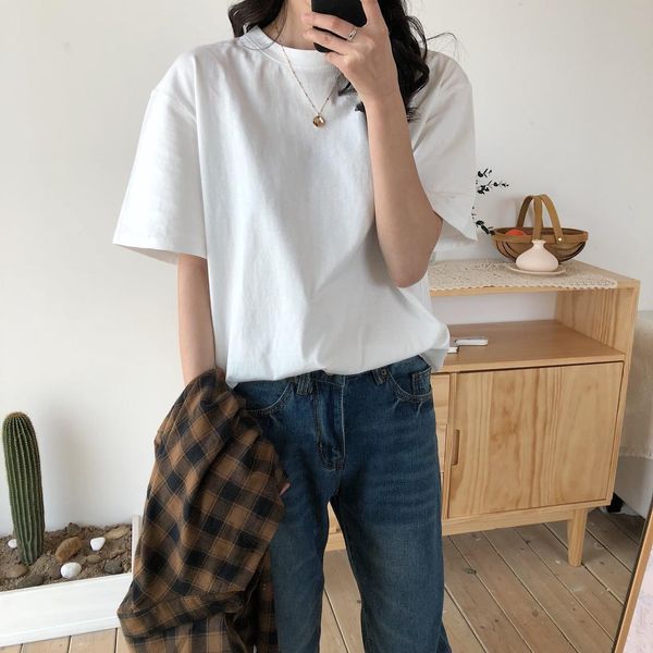 

new soft loose solid fresh summer new t-shirt women fashion natural short basic shirt 4 colors, White