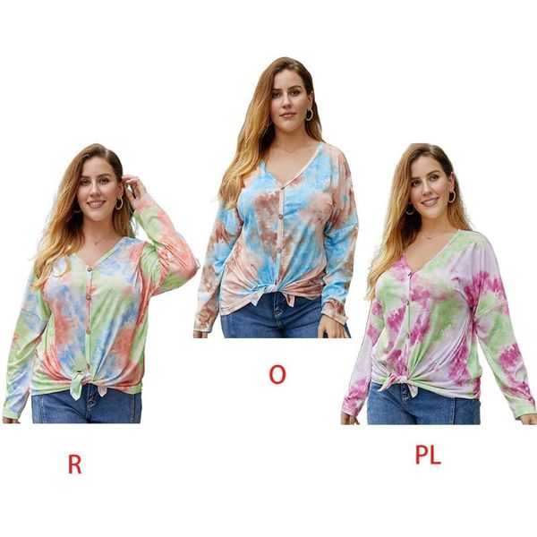 

women plus size long sleeve loose tunic buttons tie-knot front v-neck gradient tie-dye autumn casual blouse, White