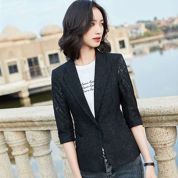

2020 new lace half sleeve small suit mid-length casual lace jacket jacket fashion pink thin middle sleeve, White;black