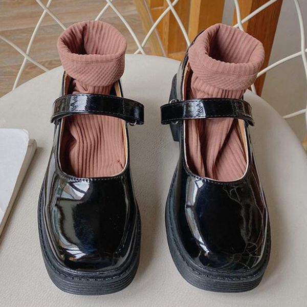 

lolita hook&loop chunky heels mary janes women espadrilles oxfords ins shoes women patent&matte leather loafers woman flats 2020, Black