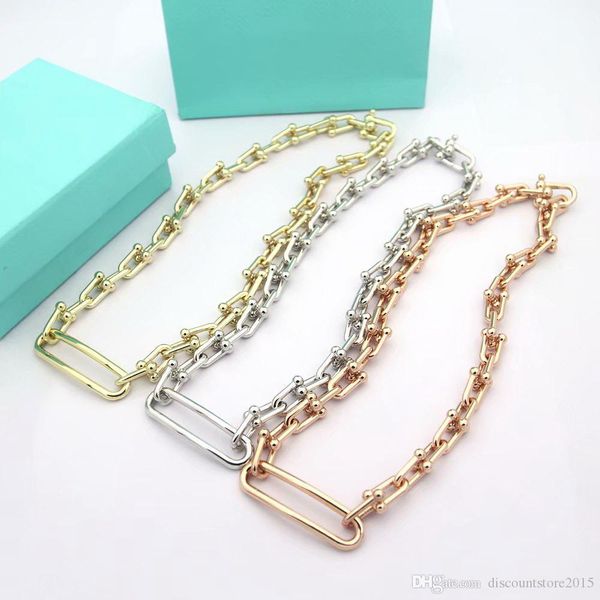 

europe america fashion lady 316l titanium steel t letter horseshoe 18k plated gold u-shaped chain thick necklaces 3 color, Silver