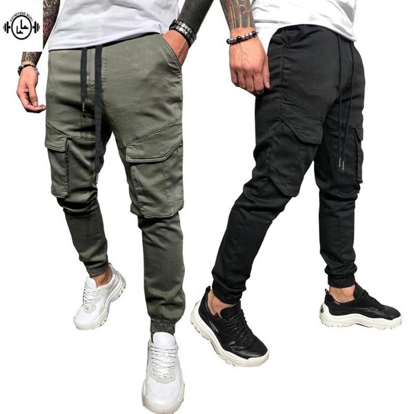 

solid color multi-pocket men's running cargo pants gym jogging cotton trousers practical large pocket city tactical combat pants, Black;blue