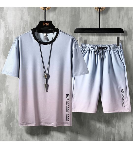 

gradient letter mens casual 2pcs summer short sleeve o-neck shorts loose breathable men two piece sets, Gray