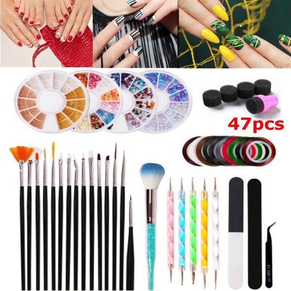 

47pcs set nail art brushes pen dotting tools manicure rhinestones pearl bead decoration wheel nail foils clean pedicure file kit