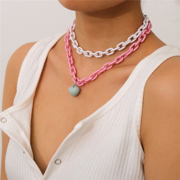 

6pcs/lot europe fashion acrylic brand new necklaces colorful double layer white pink chain women heart pendant necklace jewelry wholesale, Silver