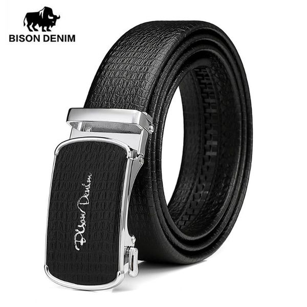 

bison denim genuine leather belt for men automatic alloy buckle luxury cow leahter strap male belt n71515, Black;brown