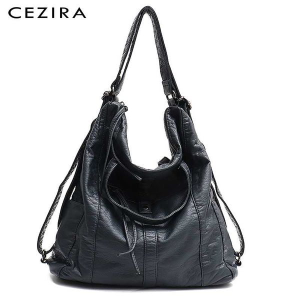

cezira fashion pu washed leather women large shoulder bag ladies soft vegan leather backpack girl functional school knapsack sac