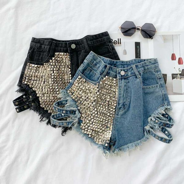 

ewq] 2020 spring summer new studded fringed wide-leg shorts high waist rivet all-amtch black denim short qv664, White;black