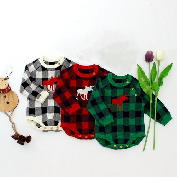 

2020 xmas plaids romper for newborn kid baby boy girl christmas deer romper long sleeve plaids jumpsuit outfit 3 colors, White