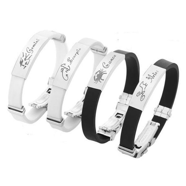 

12 zodiac silicone bracelet bangle cuff stainless steel constellation bracelets wristband for men women fashion jewelry drop ship 162473, Golden;silver