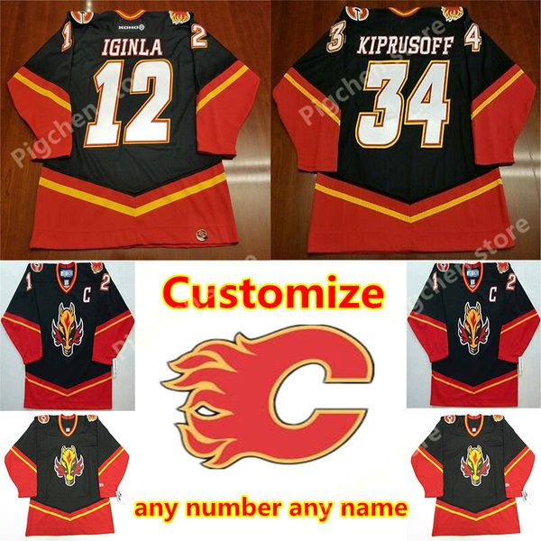 

calgary flames vintage jerseys 12 iginla 34 kiprusoff 14 fleury 9 mcdonald 39 gilmour custom any number any name retro ccm authentic hockey, Black;red