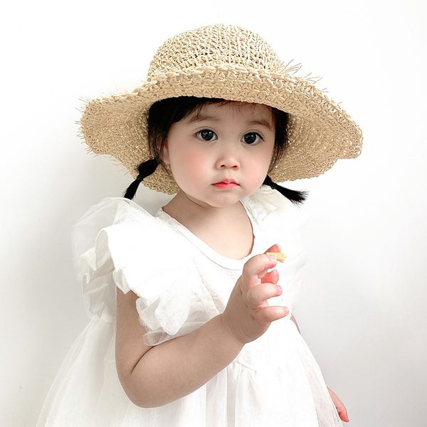 

korean children's baby beach sunscreen hand fisherman straw fisherman hat woven parent-child straw hat, Yellow