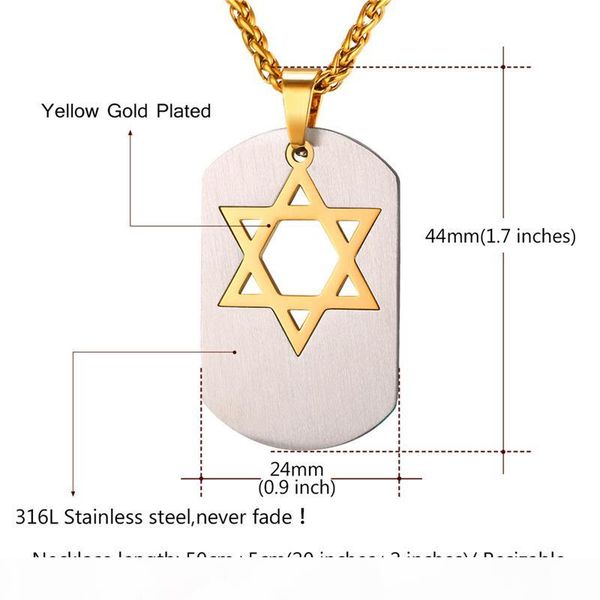 

star of david dog tag for men 18k real gold plated stainless steel magen david pendant necklace, Silver