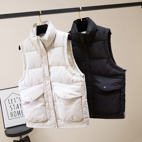 

2020 winter sleeveless jacket women cotton padded solid short women's vest turn down collar plus size solid thick outwear ladies, Black;white