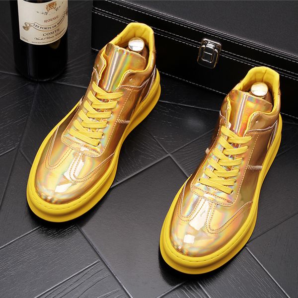

gold silver men boots luxury fashion party nightclub dress patent leather shoes flats shoe platform boot lace-up ankle botas man, Black
