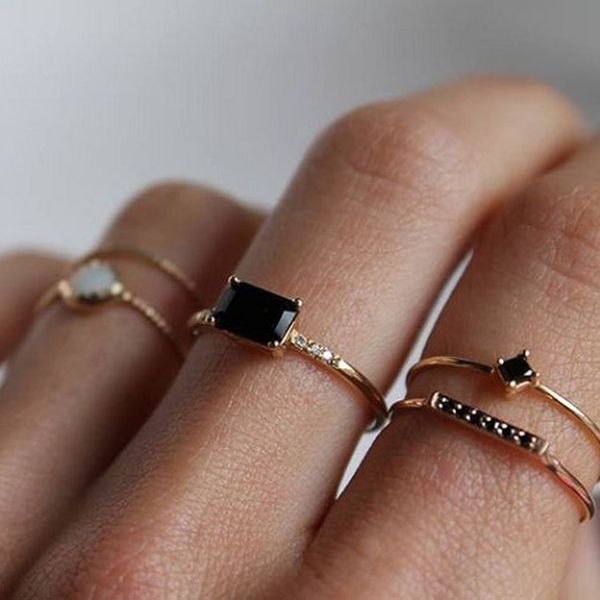 

gold color with square black cubic zirconia fashion wedding ring for women simple rings, Golden;silver