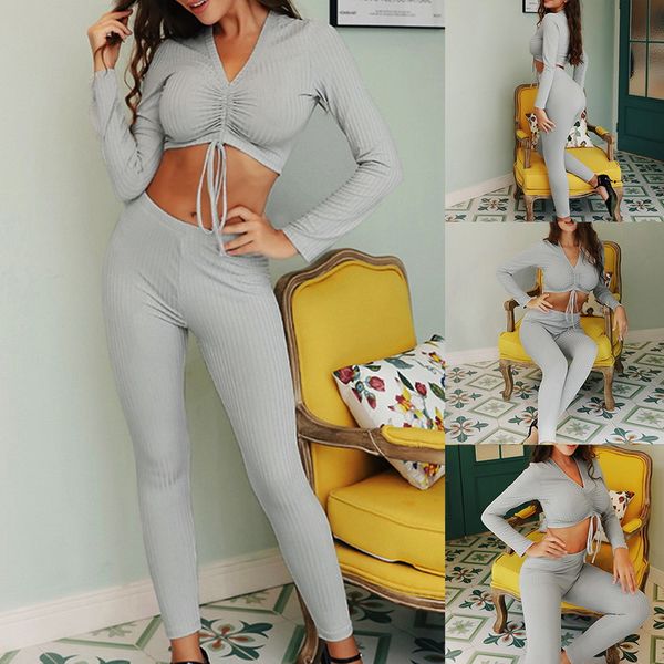 

women yoga sports leggings set two piece set solid color long sleeve high waist drawstring outfit pit slim streetwear, White;red