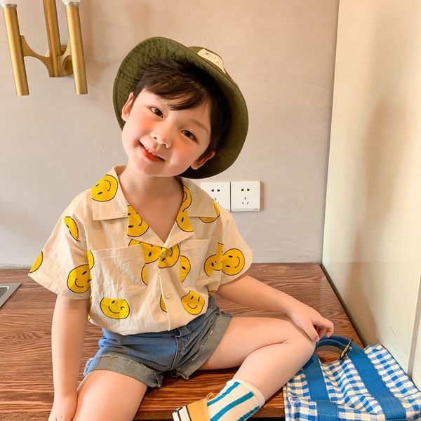 

boys and girls smiley face printed short-sleeved shirt 2020 summer korean style boys and girls baby cotton shirt, White;black