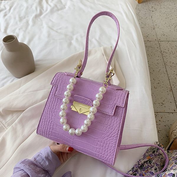 

crocodile pattern polyurethane leather pearl handbag 2020 new style all-match pearl women's shoulder messenger bag