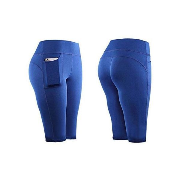 

women stretch sport short polyester leggings high waist fitness running gym sports pockets active pants push up running legins short 2020, Black