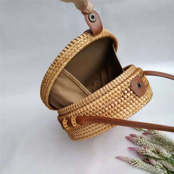 

circular woven rattan bag round straw shoulder bag small beach handbags women summer hollow handmade messenger crossbody bags