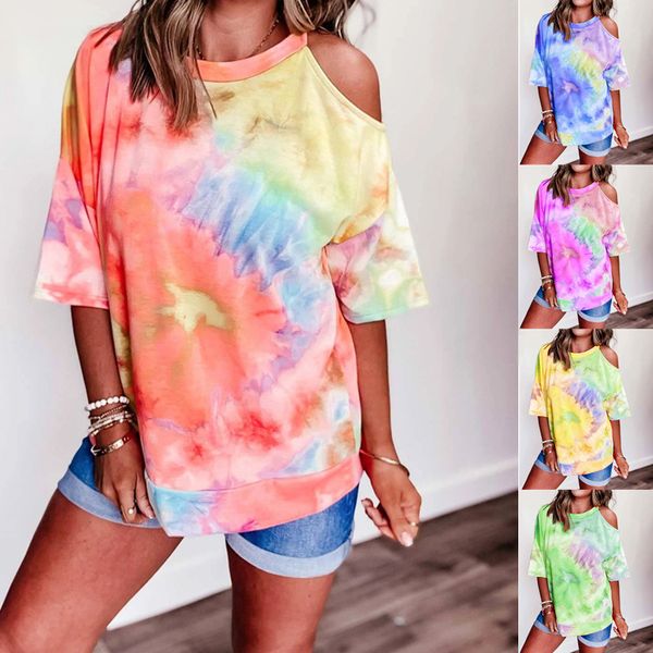 

New European and American women's print tie-dyed V-neck short-sleeved T-shirt women's blouse in summer gradient ramp t shit