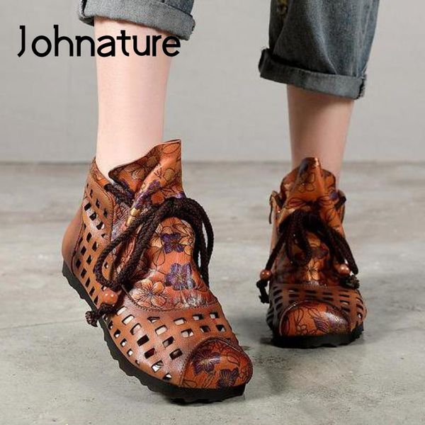 

johnature flat with sandals genuine leather women shoes zip print retro casual 2020 new summer handmade hollow ladies sandals, Black