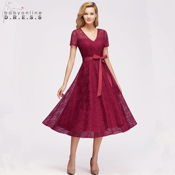 

babyonlinedress plus size short lace v neck short sleeves tea length evening gown with sashes robe de soiree courte cps1144, Black;red