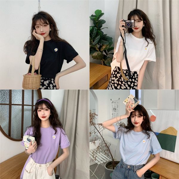 

black short-sleeved t-shirt t-shirt round neck daisy embroidery 2020 new women's loose korean style all-match women's top, White