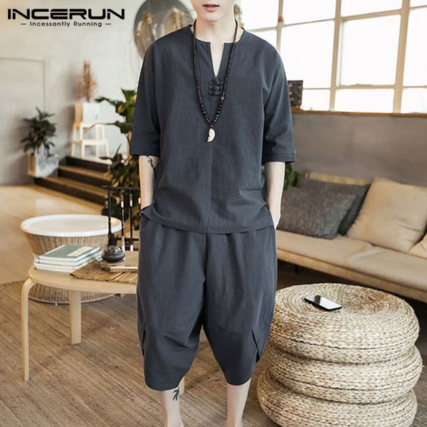 

summer chinese style men sets half sleeve solid streetwear 2020 calf length pants vintage cotton casual men suits incerun s-5xl, Gray