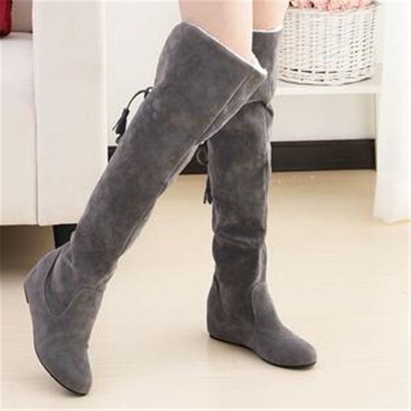 

women long boots faux suede over the knee flat warm boots comfortable over the knee lace-up woman winter shoes black gray
