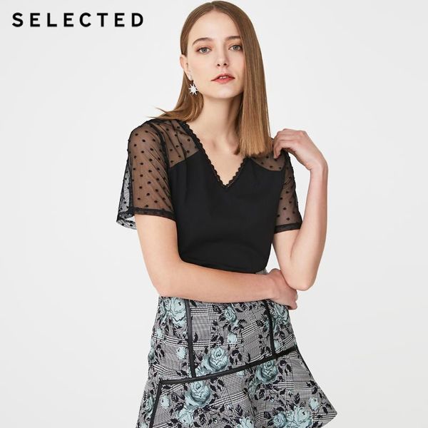 

selected women's summer cotton-blend slight stretch v neckline cut-out laced knit t-shirt s|419202042, White