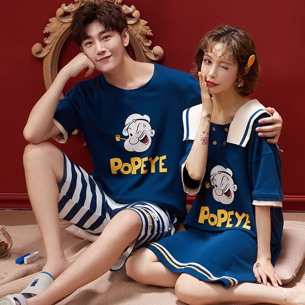 

синий popeye летом пара пижамы 6535 трикотажного костюм женского nightgown мужских пижам можно носить за пределами домашней одежды, Blue;red