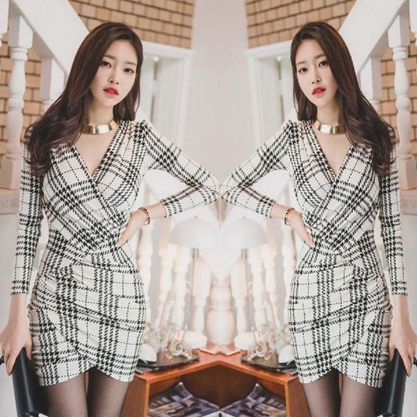 

spring women dress summer 2020 night club v neck elegant plaid bodycon lady long sleeve mini dresses cotton a line, Black;gray